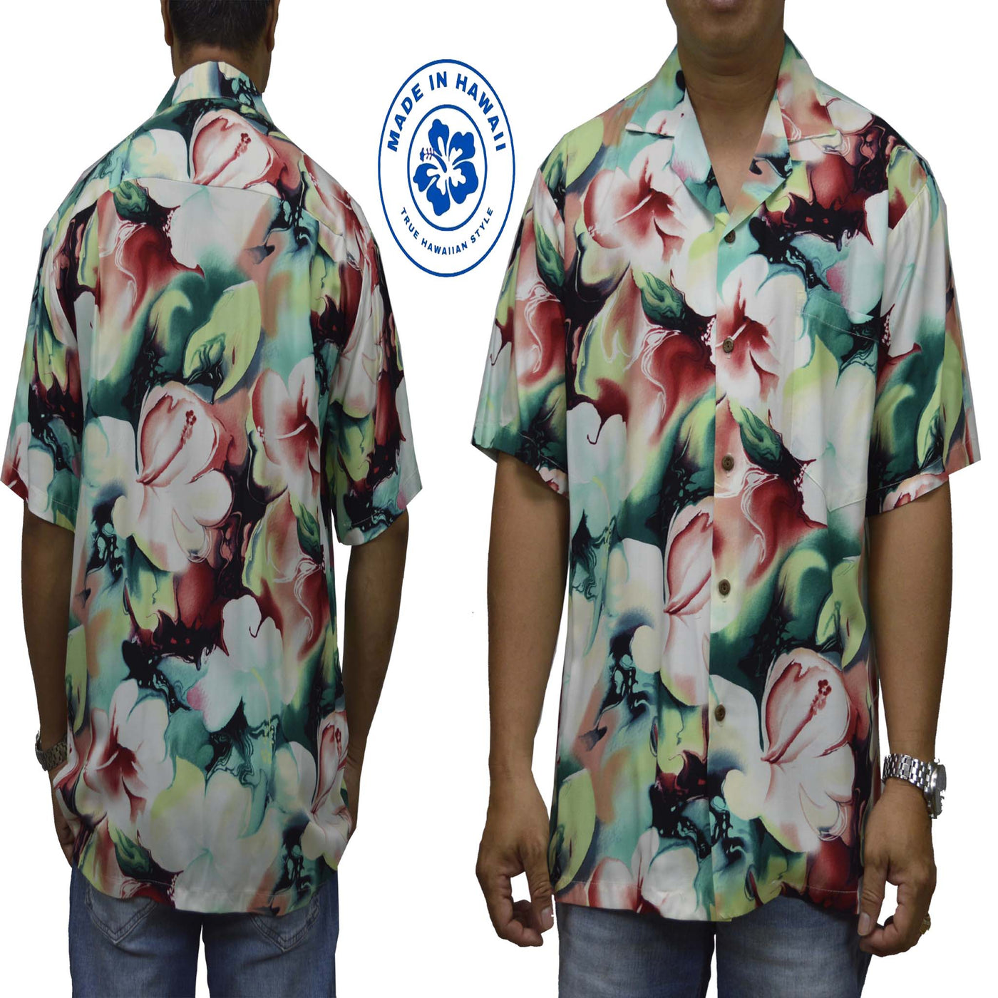 Locally made Hawaii: Rayon Hawaiian Shirt Honolulu Hibiscus Art-Red