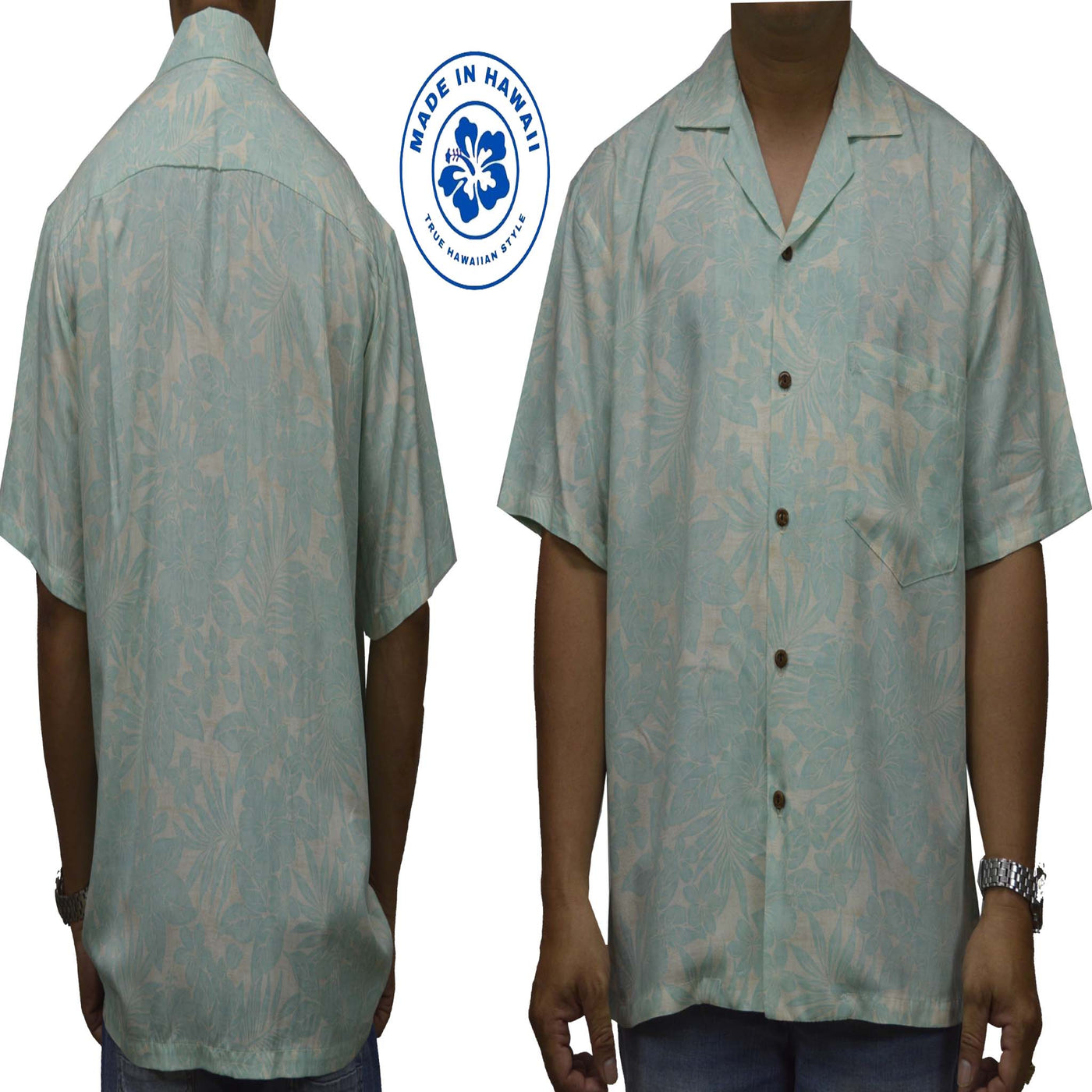 Locally made Hawaii: Rayon Hawaiian Shirt Manoa Hibiscus -Green