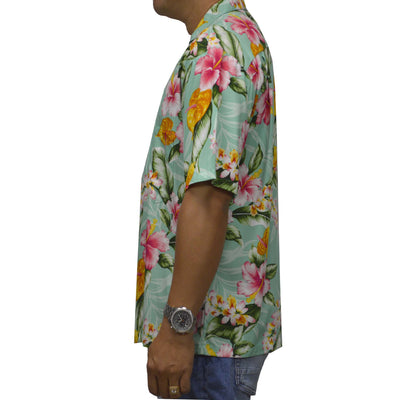 Rayon Hawaiian Shirt Tropical Flower -Green