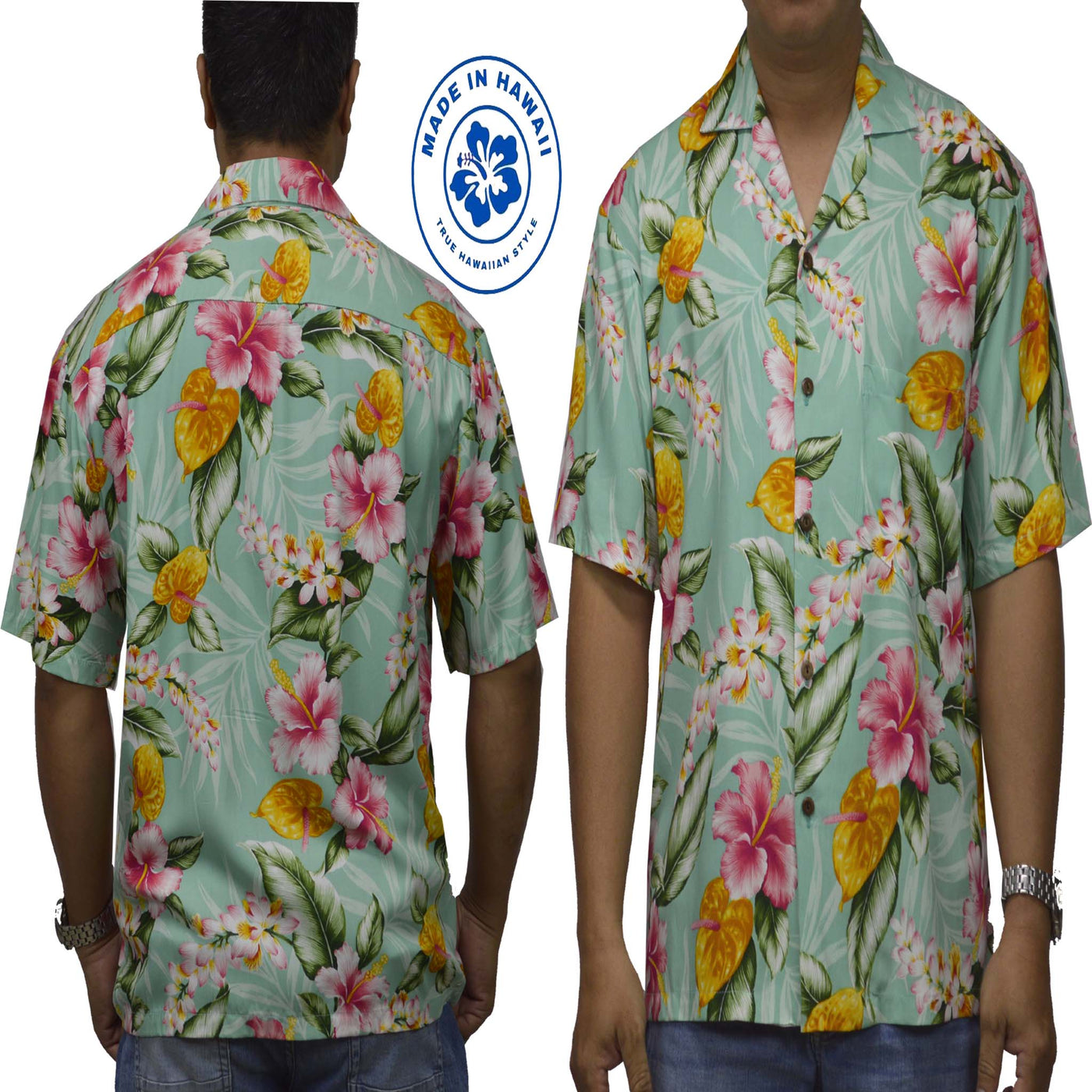 Rayon Hawaiian Shirt Tropical Flower -Green