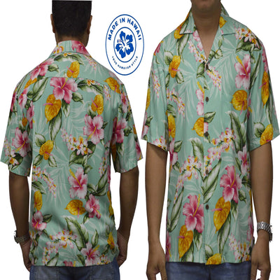 Rayon Hawaiian Shirt Tropical Flower -Green