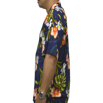 Locally made Hawaii: Rayon Hawaiian Shirt Kona Orchid -Navy