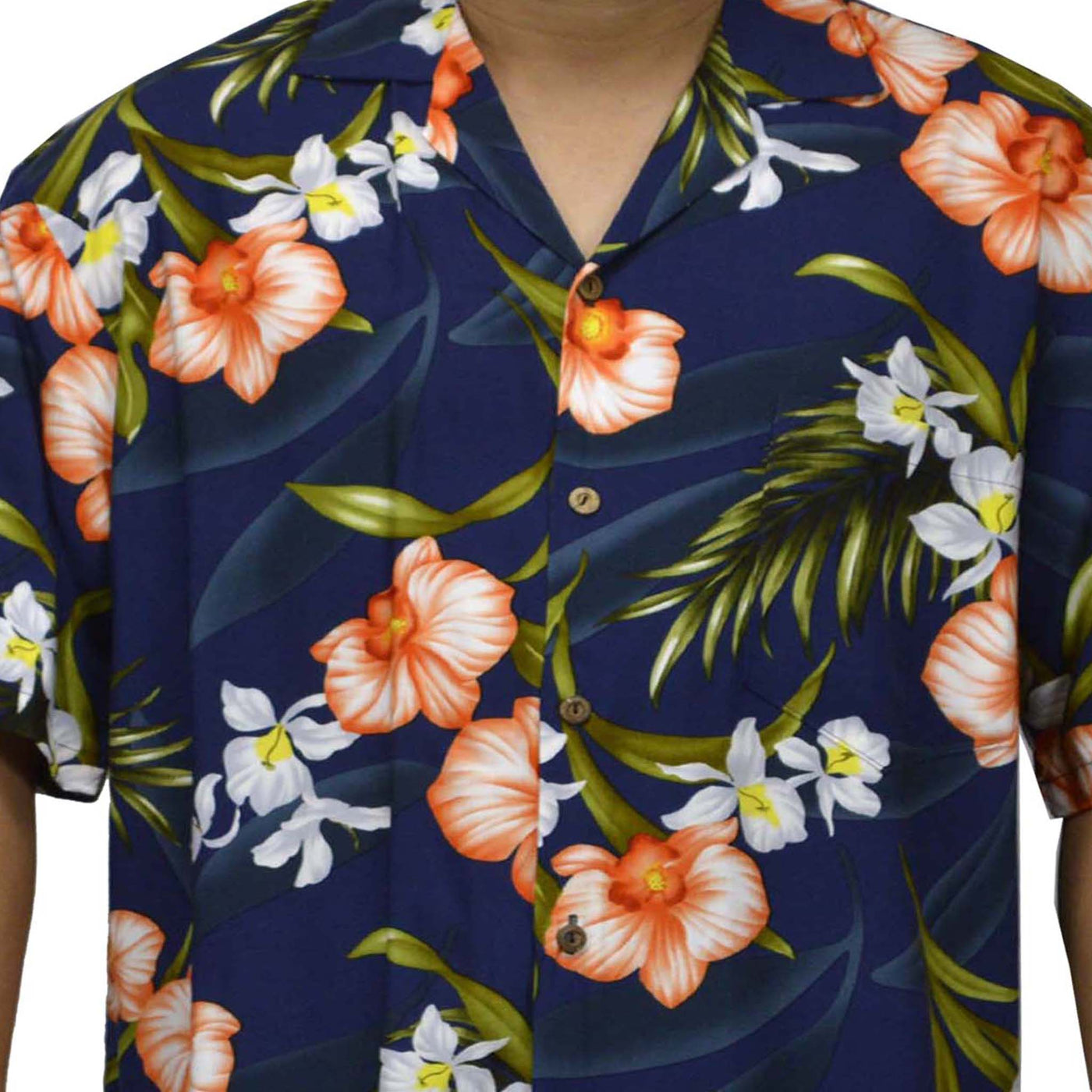 Locally made Hawaii: Rayon Hawaiian Shirt Kona Orchid -Navy