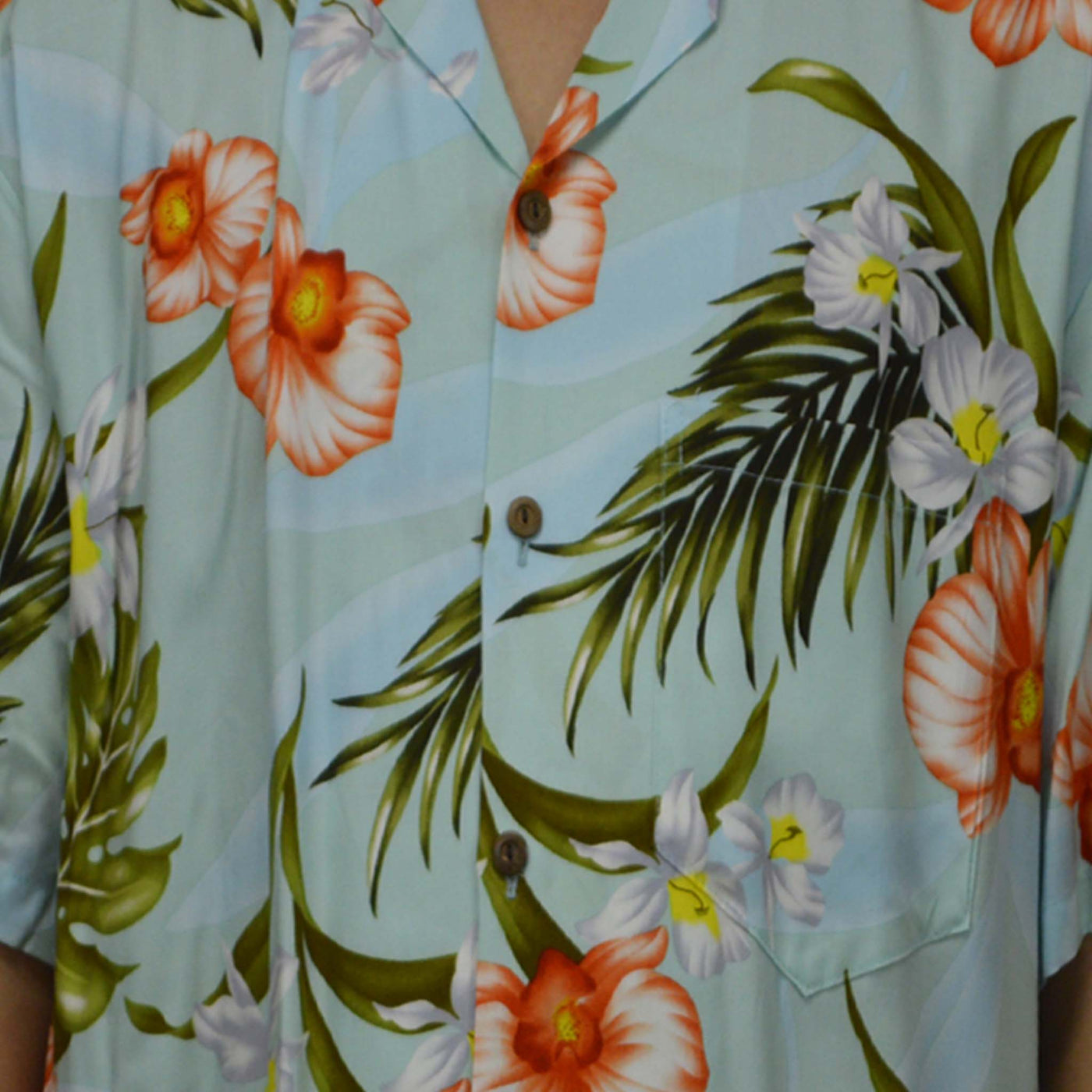 Locally made in Hawaii: Rayon Hawaiian Shirt Kona Orchid -Green