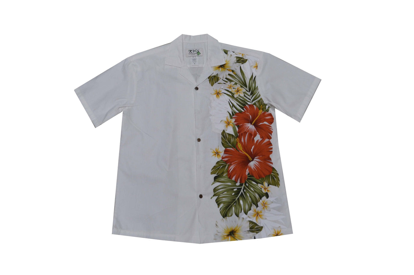 100% cotton Hawaiian shirt with red hibiscus side flower, white shirt is made locally Honolulu