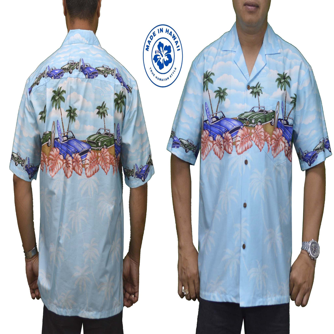 100% cotton Hawaiian shirt with blue muscle car theme is made locally Honolulu