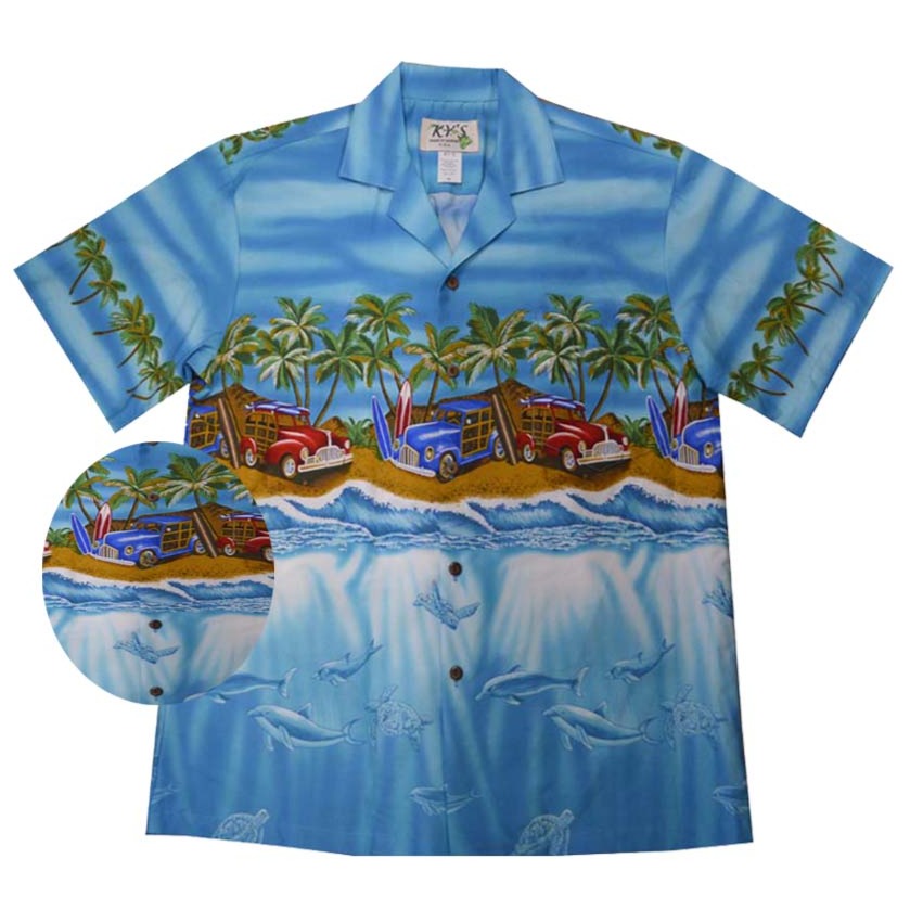 Cotton Aloha Shirt Woody Cars Panoramic Beach 