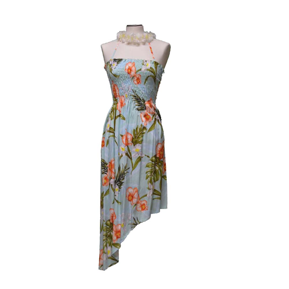 halter hawaiian print dress Akupu Orchid Hawaiian Rayon Dress