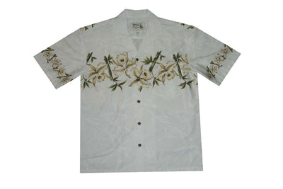 Flatlay of Hawaii Orchid print border shirt, cotton Hawaiian shirt for men made in Hawaii