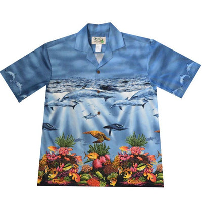 Close-up of matched pocket and buttons on Ky’s Ocean Life Hawaiian shirt
