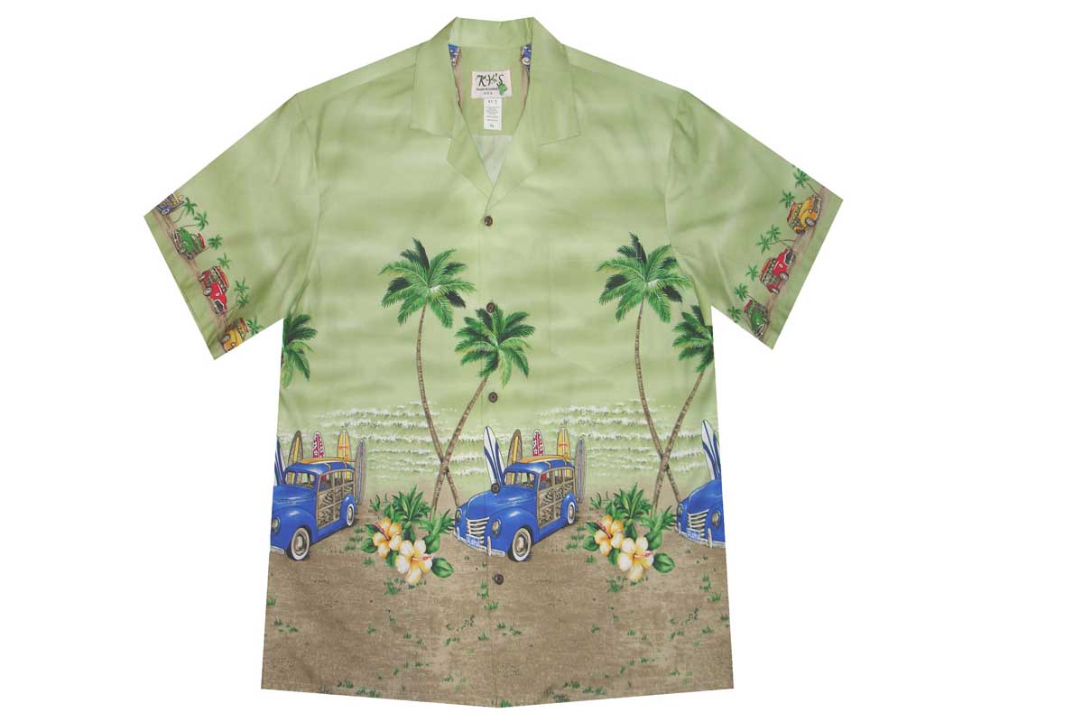 Ky’s Hawaiian border shirt with woody car print