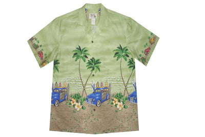 Ky’s Hawaiian border shirt with woody car print