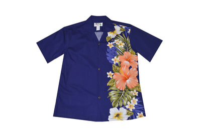 made in Hawaii aloha cotton Hawaiian shirt with red hibiscus side flower 