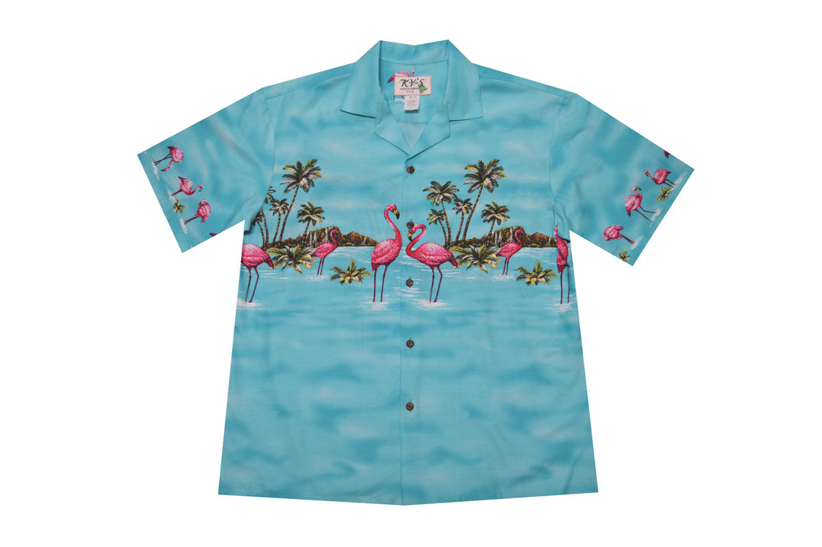 Man wearing Ky’s pink flamingo island shirt at a luau or beach party, made in Hawaii