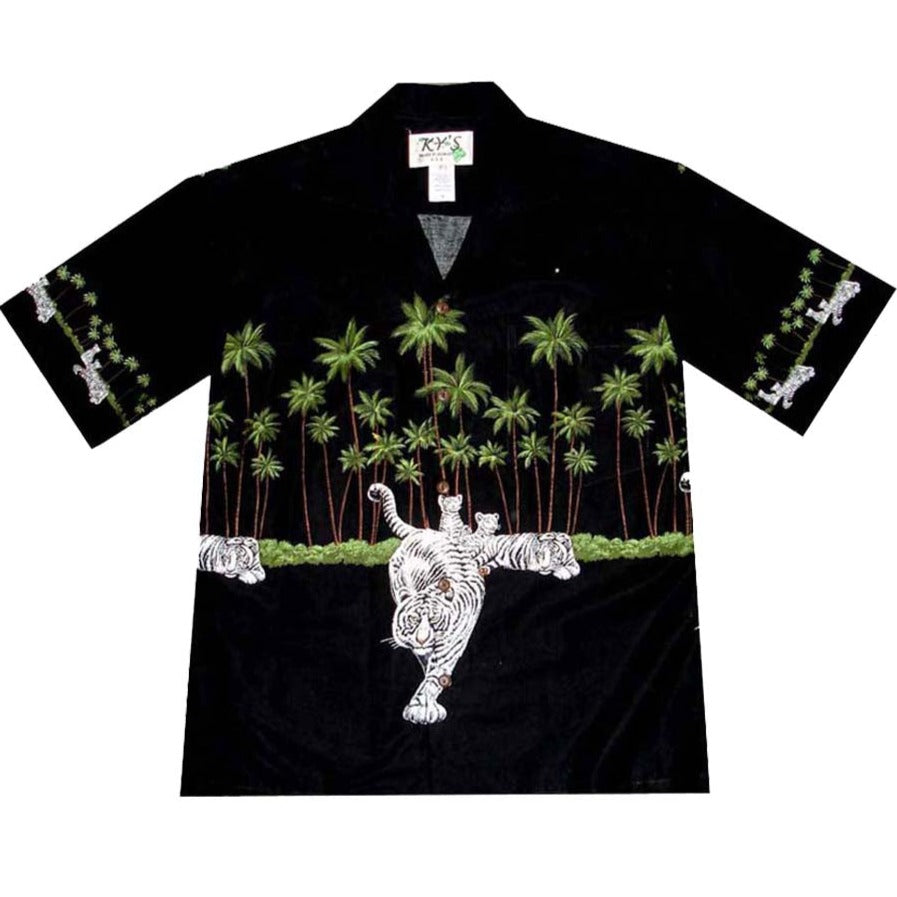 Close-up of seamless tiger border print with matched pocket and button placket
