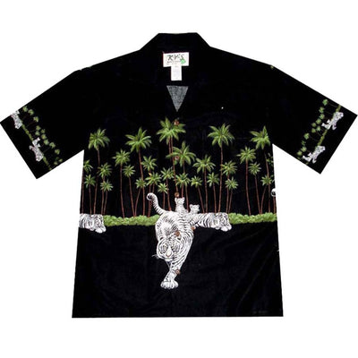 Close-up of seamless tiger border print with matched pocket and button placket