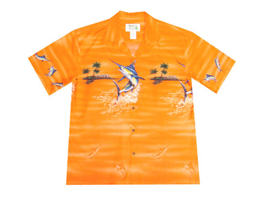 Chest band border style aloha shirt with Blue Marlin design