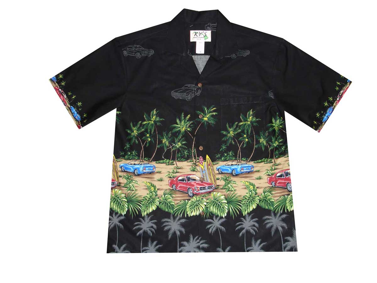 Close-up of pocket and button alignment on retro red car Aloha shirt by Ky’s