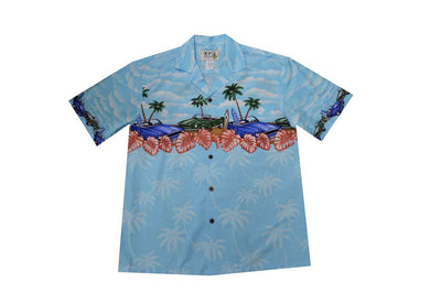 Close-up of muscle car border design on cotton Aloha shirt – matched pocket detail