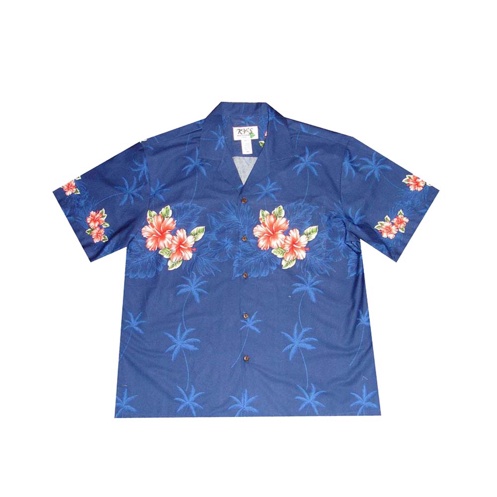 Cotton Hawaiian Shirt 50TH State Floral-Navy