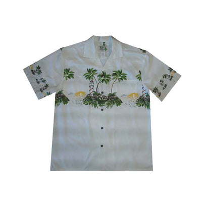 Cotton Hawaiian Shirt Light House Oahu-White