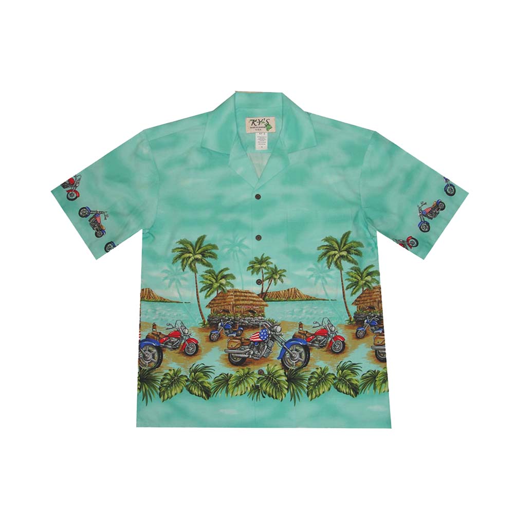 Cotton Hawaiian Shirt Motorcycle Village-Green