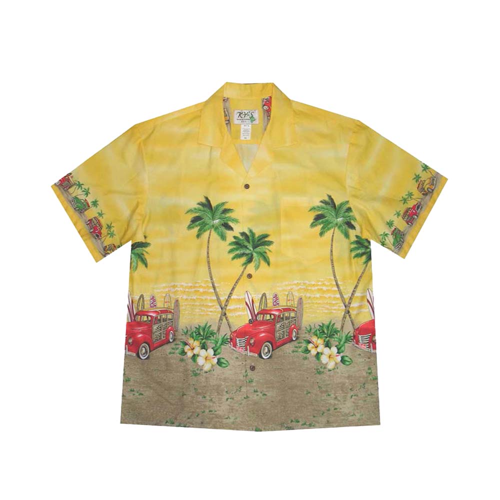 Cotton Hawaiian Shirt Red Car-Yellow