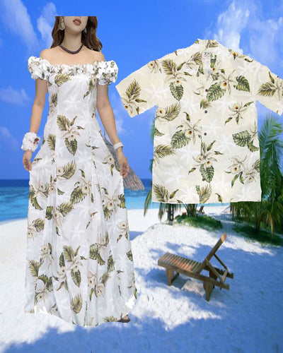 Classic Orchid Long Muumuu Hawaiian Dress Matching Men's Shirt