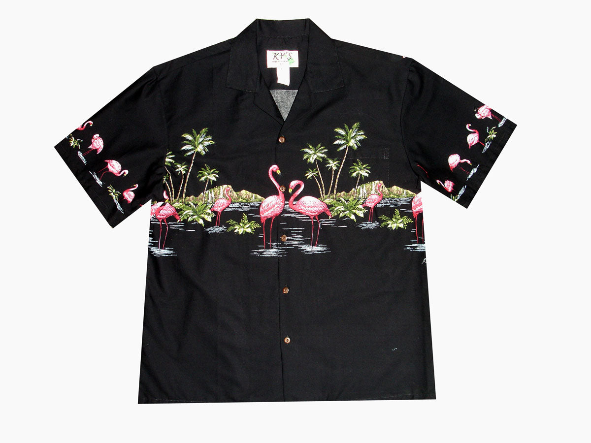 men’s pink flamingo border Hawaiian shirt, 100% cotton poplin, made in Hawaii by Ky’s