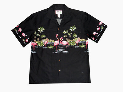 men’s pink flamingo border Hawaiian shirt, 100% cotton poplin, made in Hawaii by Ky’s