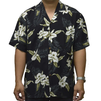 Locally made in Hawaii: Rayon Hawaiian Shirt Hilo Orchid -Black