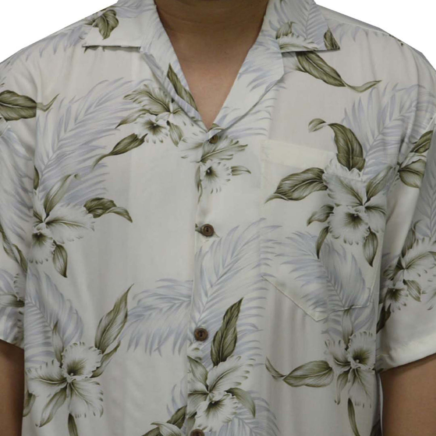 Locally made in Hawaii: Rayon Hawaiian Shirt Hilo Orchid -White