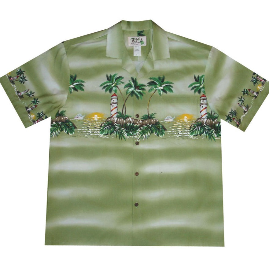 Lighthouse Hawaii men’s Hawaiian shirt – 100% cotton with chest band border print by Ky’s