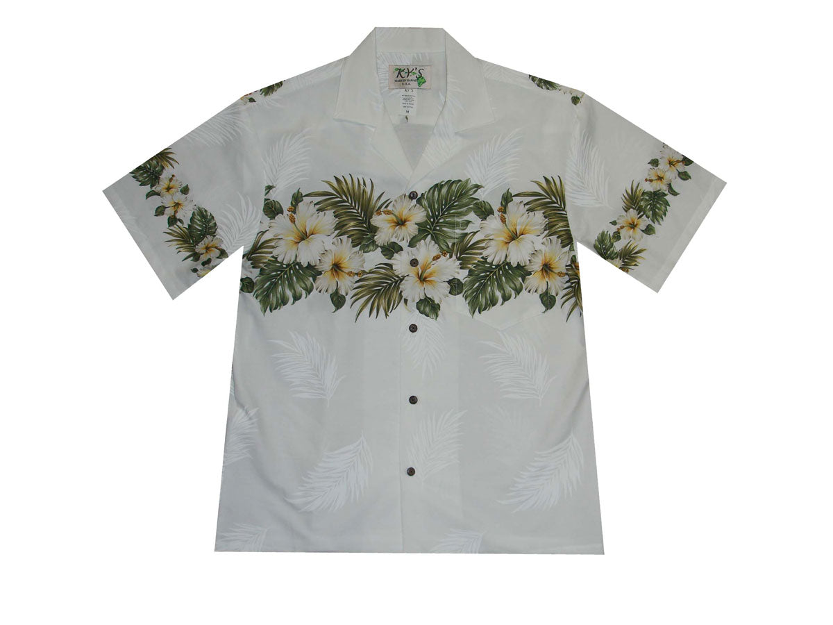 Yellow Hibiscus print Aloha shirt, 100% cotton poplin
