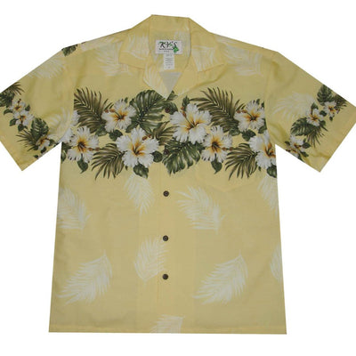 Yellow Hibiscus chest band Hawaiian shirt for men, made in Hawaii by Ky’s