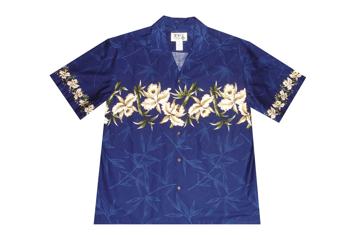Close-up of matched pocket and button on Orchid border Hawaiian shirt, 100% cotton