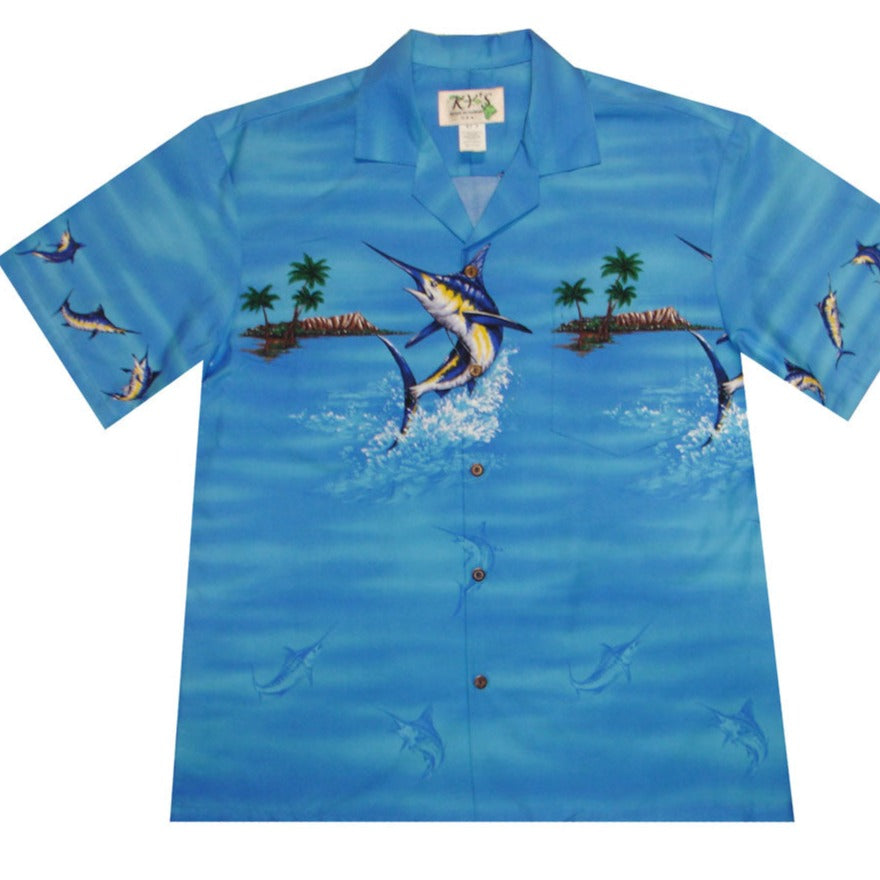 Men’s Blue Marlin Hawaiian shirt – 100% cotton, border print by Ky’s made in Hawaii