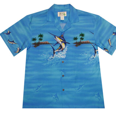 Men’s Blue Marlin Hawaiian shirt – 100% cotton, border print by Ky’s made in Hawaii