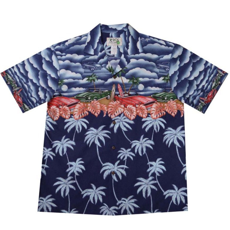 Men’s Muscle Cars Aloha Shirt – Cotton Border Print, Made in Hawaii by Ky’s