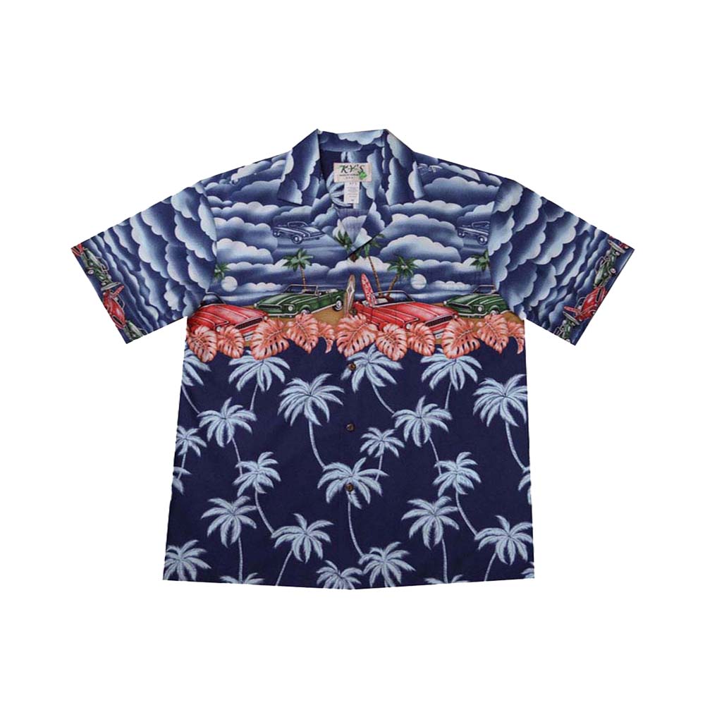 Ky's Cotton Hawaiian Shirt Muscle Car - Navy