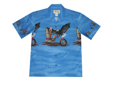 Close-up of eagle and motorcycle design on cotton Aloha shirt – pocket alignment detail