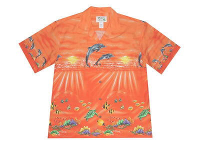Dolphin sunrise border pattern on cotton Aloha shirt – pocket alignment detail