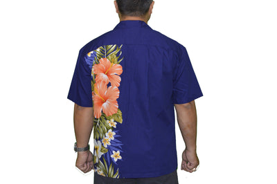 made in Hawaii aloha cotton Hawaiian shirt with red hibiscus side flower 