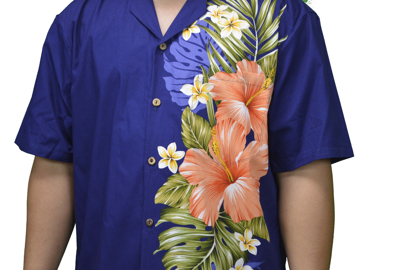 made in Hawaii aloha cotton Hawaiian shirt with red hibiscus side flower 