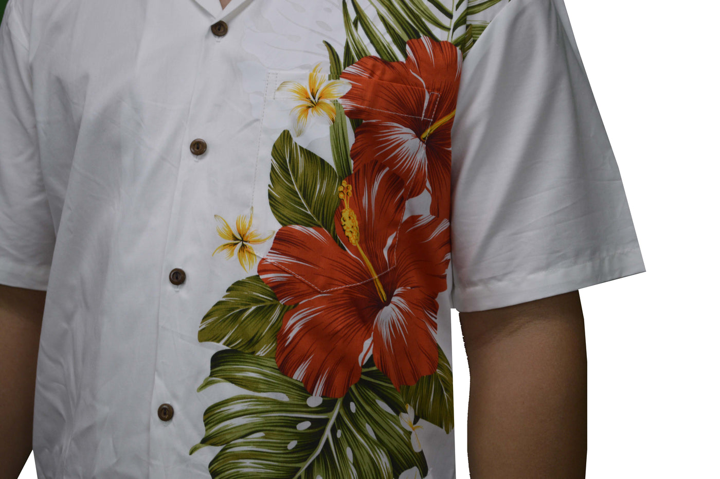 100% cotton Hawaiian shirt with red hibiscus side flower, white shirt is made locally Honolulu