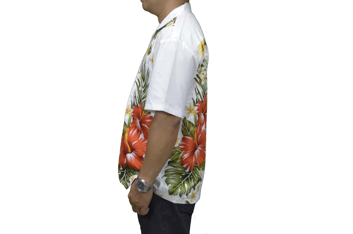 100% cotton Hawaiian shirt with red hibiscus side flower, white shirt is made locally Honolulu