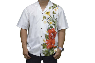 100% cotton Hawaiian shirt with red hibiscus side flower, white shirt is made locally Honolulu