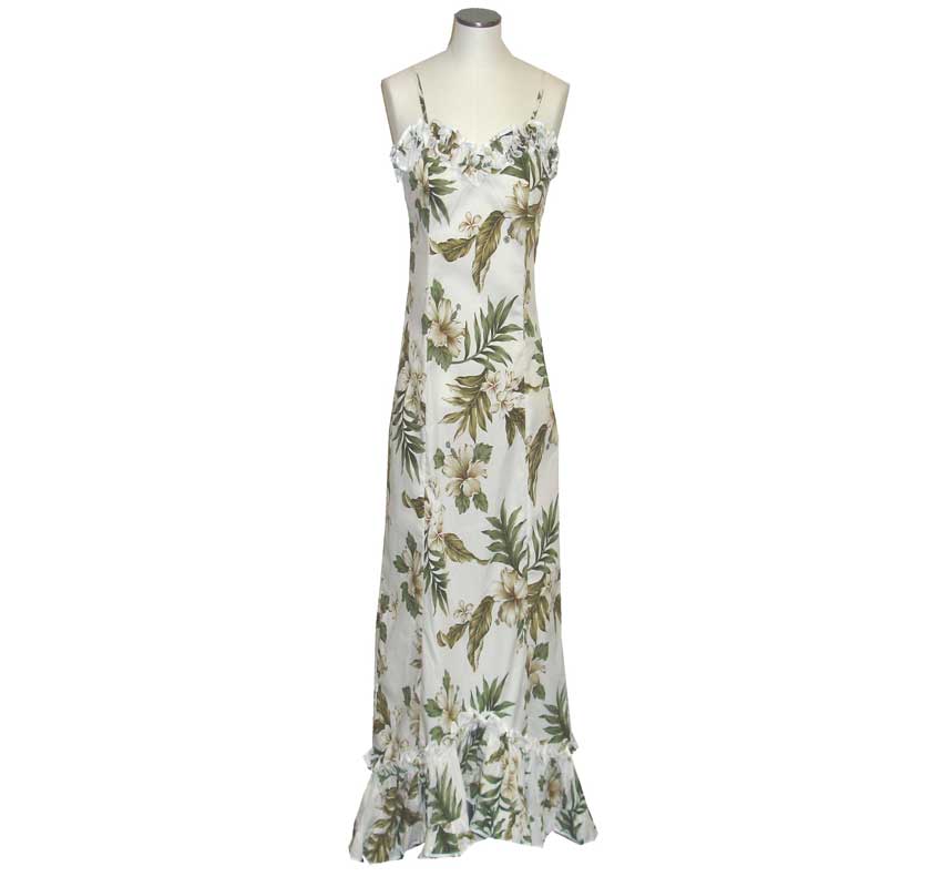 White Plumeria & Hibiscus Spaghetti Muumuu Dress