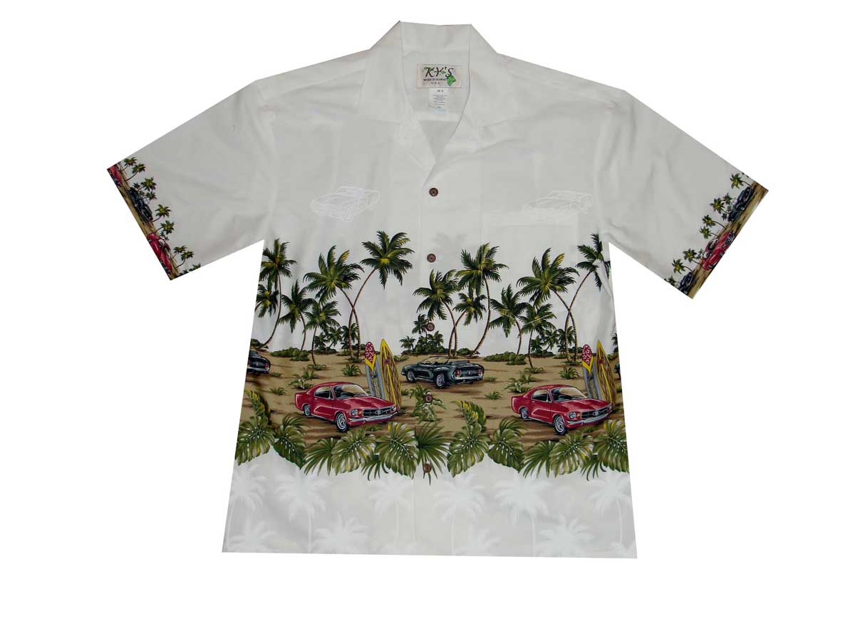 Ky’s vintage red car print shirt with beach scene, border style design