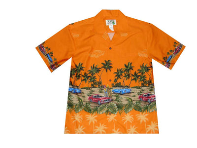 Old Red Car border Hawaiian shirt with palm trees and vintage car, made in Hawaii

